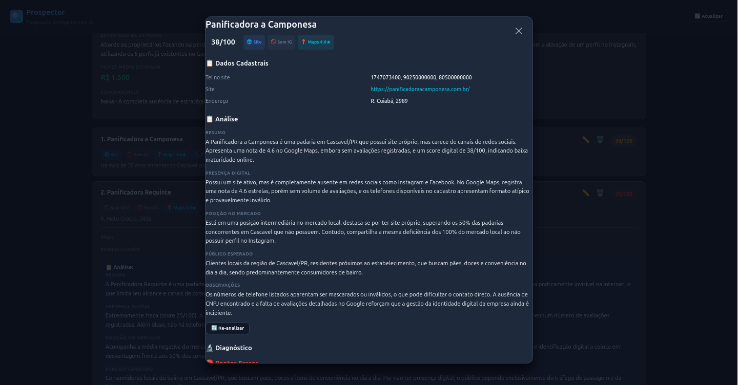 Prospector Resultados - Lista de leads enriquecidos com score e dados